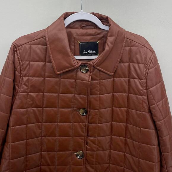 Sam Edelman Cognac Brown Box Quilted Faux Leather Button Up Shacket Jacket - Picture 3 of 10